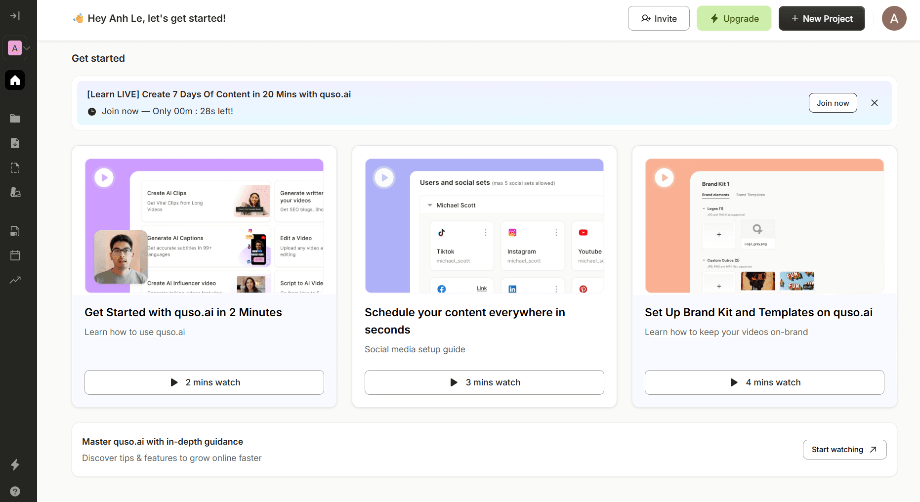 Quso.ai dashboard with tutorial cards for getting started, scheduling content, and setting up brand kits.
